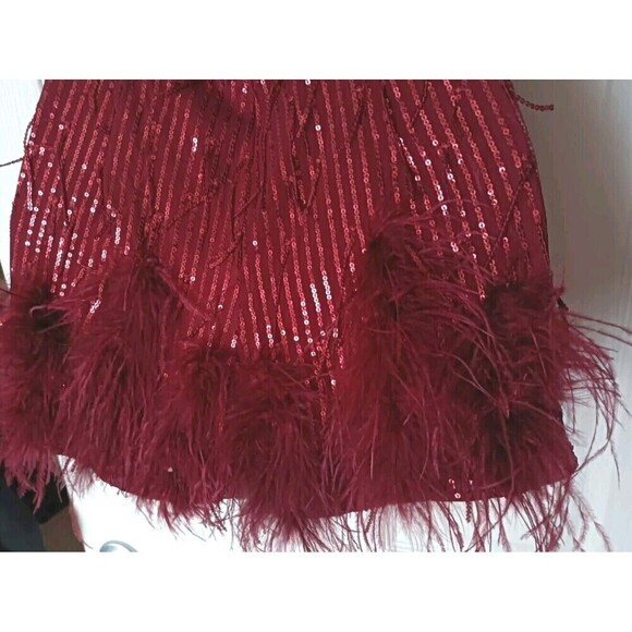 Women's Sequin Feathered Romper Size Small Burgundy Red Plunge Neckline Strappy - Picture 9 of 13